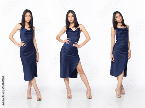Full length body of Asian beautiful woman wear blue evening sequin gown