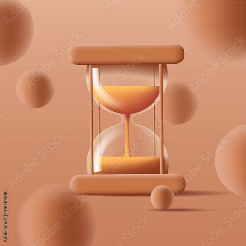 3d illustration of a sand clock, render trendy style with spheres around it. Vector illustration