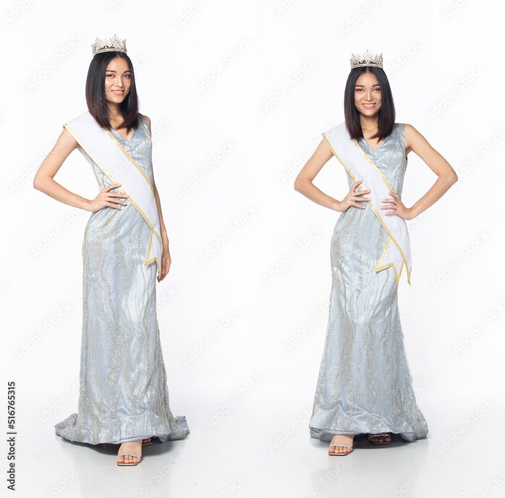 Full length of Miss Beauty Pageant Contest wear blue gray evening sequin gown with diamond crown