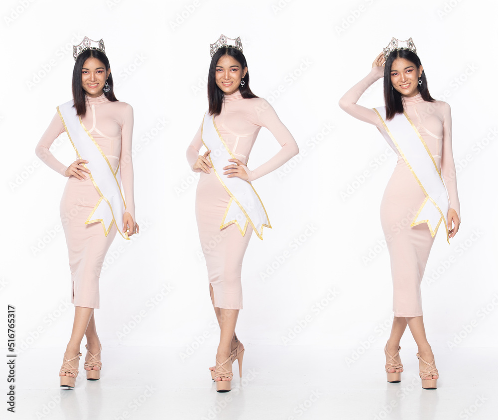 Full length of Miss Beauty Pageant Contest wear pastel pink evening sequin gown with diamond crown