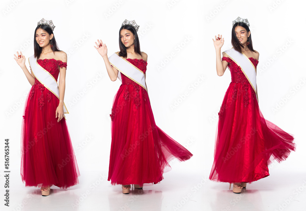 Full length of Miss Beauty Pageant Contest wear red evening sequin gown with diamond crown
