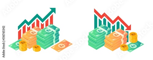 Burmese Kyat Value Up and Down with Money Bundle Illustrations