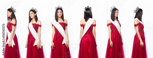 Half body of Miss Beauty Pageant Contest wear red evening sequin gown with diamond crown