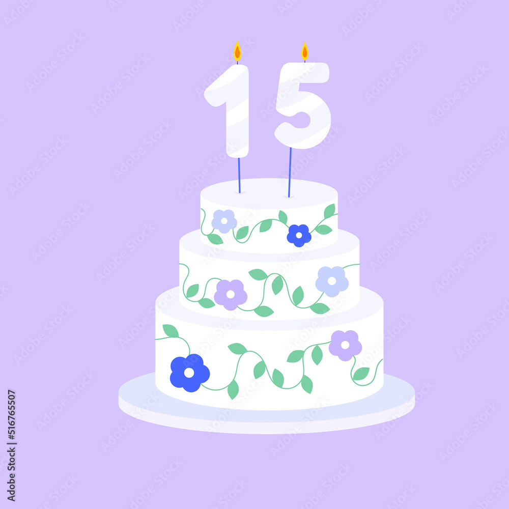 Holiday cake with age fifteen candle in flat style. Vector illustration Holiday cake with age fifteen candle in flat style. Vector illustration