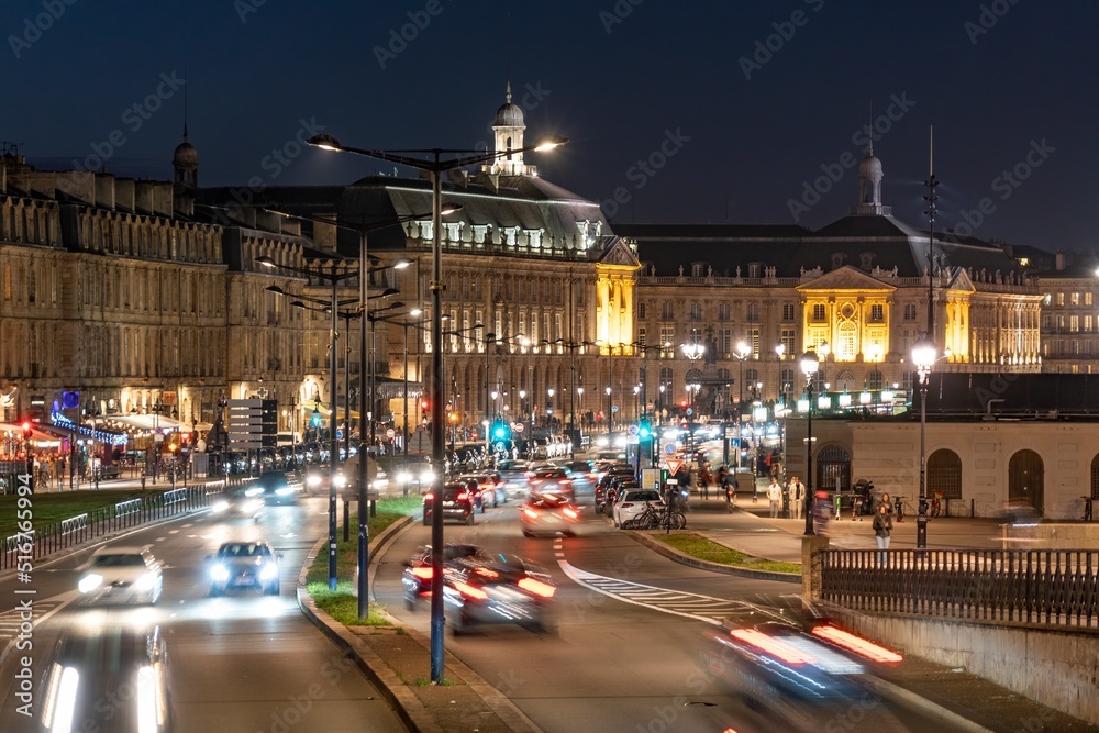 The city traffic at night in Bordeaux France