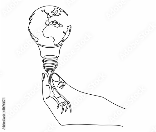 Earth globe inside lightbulb in hand.  One continuous line drawing. Vector Concept of Eco innovation, idea of green energy and global solution with electricity in simple doodle style. 