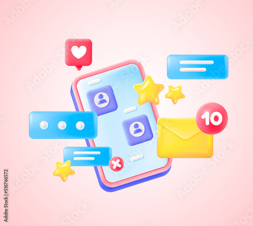 3d phone with messenger, open dialogues and rating with stars and likes. Online communication in the app on the phone. Vector illustration