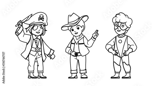 boy costume vector. child little kid hero, pirate, cowboy, person party art boy costume character. people black line pencil drawing vector illustration