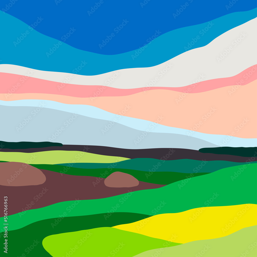 Natural abstract Landscape. Colorful sky, field, grass, green hills, horizon. Flat design. Nature, tourism, travel concept. Hand drawn trendy Vector illustration. Square background Natural abstract Landscape. Colorful sky, field, grass, green hills, horizon. Flat design. Nature, tourism, travel concept. Hand drawn trendy Vector illustration. Square background