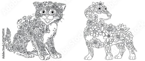 Kitten and dachshund dog coloring pages