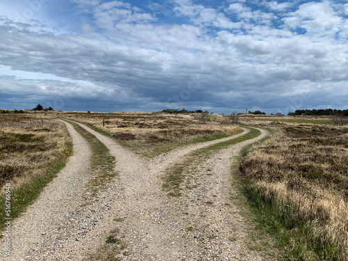 links oder rechts - zwei Wege in einer Landschaft vor dramatischem Himmel