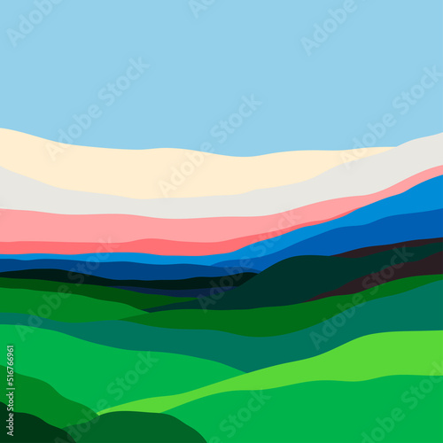 Natural abstract Landscape. Colorful sky, field, grass, green hills, horizon. Flat design. Nature, tourism, travel concept. Hand drawn trendy Vector illustration. Square background