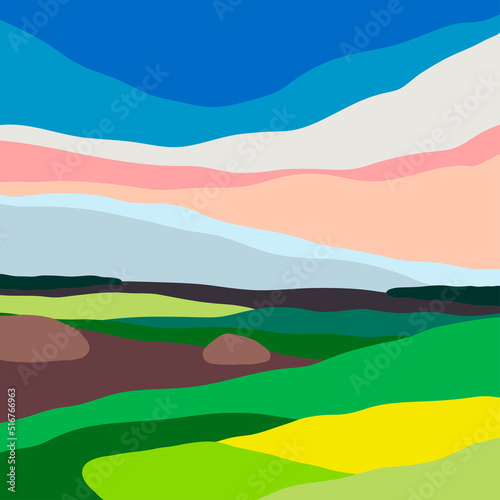 Natural abstract Landscape. Colorful sky, field, grass, green hills, horizon. Flat design. Nature, tourism, travel concept. Hand drawn trendy Vector illustration. Square background © Dariia