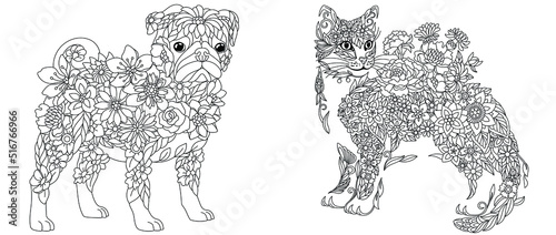 Pug dog and cat coloring pages