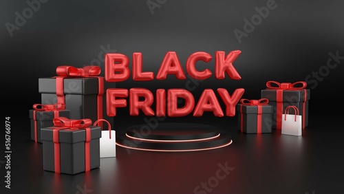 3d illustration Black Friday Super Sale. Shelf and podium with realistic black gifts boxes with gold bows. Dark background red text lettering in bright glowing neon frame.  photo