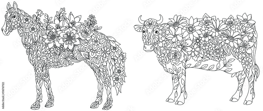 Horse and cow coloring pages Stock Vector | Adobe Stock