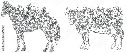 Horse and cow coloring pages