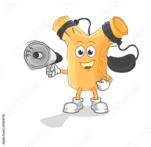 slingshot holding hand loudspeakers vector. cartoon character