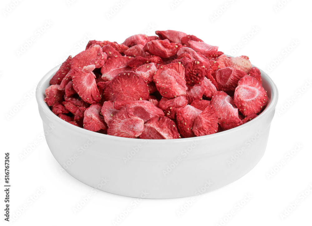 Freeze dried strawberries in bowl on white background Freeze dried strawberries in bowl on white background