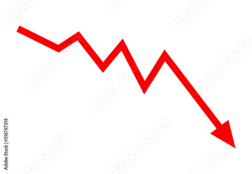 Red arrow going down stock icon on white background. flat style. Bankruptcy, financial market crash icon for your web site design, logo, app, UI. graph chart downtrend symbol. chart going down sign.