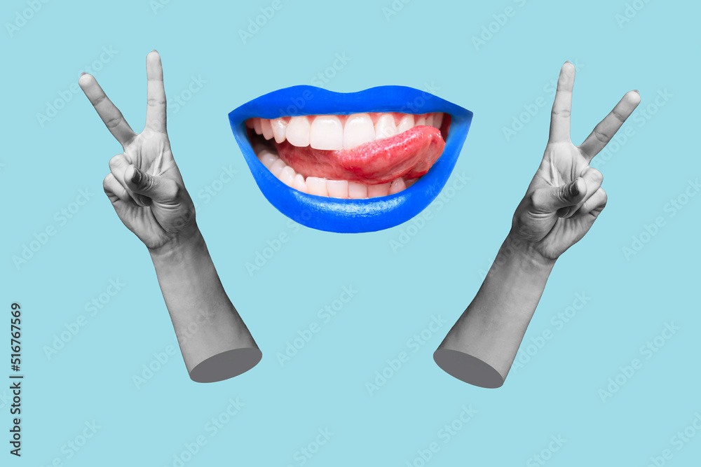 Two female hands showing a peace gesture and woman mouth with blue lips showing tongue isolated on a blue color background. Trendy abstact collage in magazine style. 3d contemporary art. Modern design - obrazy, fototapety, plakaty 