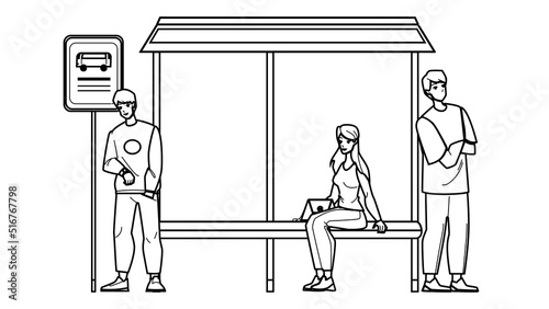 bus stop station vector. bilboard city poster, street empty blank, road banner, outdoor ad bus stop station character. people black line pencil drawing vector illustration