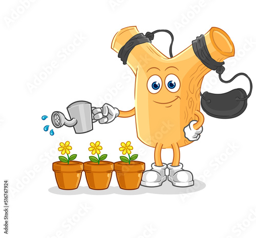 slingshot watering the flowers mascot. cartoon vector