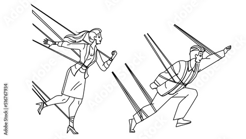 Business Difficulty Man And Woman Managers Vector. Businessman And Businesswoman With Tied Hands And Legs Feeling Business Difficulty In Occupation. Characters black line illustration