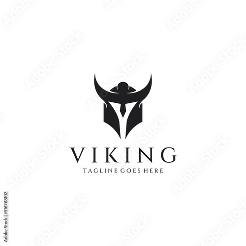 Viking warrior helmet logo with horned helmet and viking with the letter V. The logo can be used for boats, sports and others.