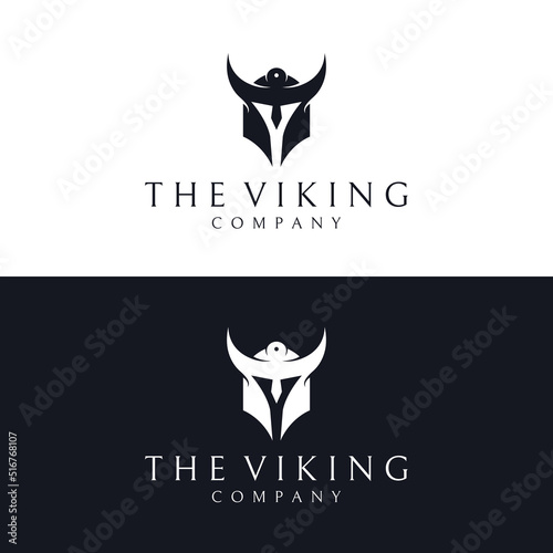 Viking warrior helmet logo with horned helmet and viking with the letter V. The logo can be used for boats, sports and others.