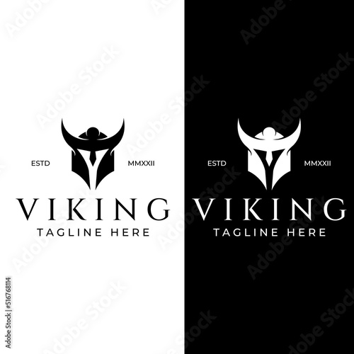 Viking warrior helmet logo with horned helmet and viking with the letter V. The logo can be used for boats, sports and others.