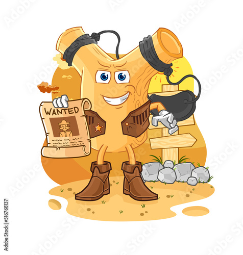 slingshot cowboy with wanted paper. cartoon mascot vector