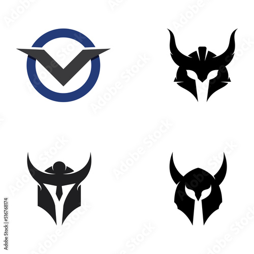 Viking warrior helmet logo with horned helmet and viking with the letter V. The logo can be used for boats, sports and others.