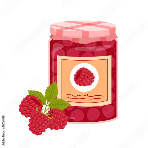 Raspberry jam and red berry with leaf vector illustration. Cartoon isolated glass jar with jelly marmalade, lid and paper label, packaging of homemade sugar preserve, cute fruity food packaging