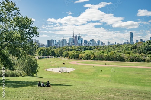 The skyline of downtown Toronto, Canada, with CN Tower in the spring from Riverdale Park East