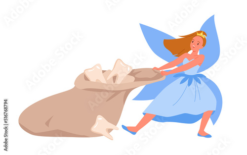 Tooth fairy holding bag full of baby kids molars vector illustration. Cartoon isolated cute godmother with crown, blue wings and dress, kawaii girl pulling big sack with first teeth of children