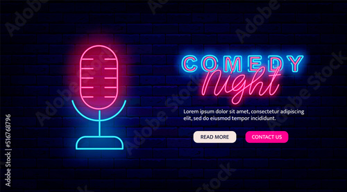 Comedy night neon landing page template. Stand up performance website. Comic show. Vector stock illustration