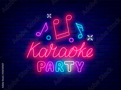 Karaoke party neon label. Notes icon. Talent show. Light sign. Night club logotype. Vector stock illustration