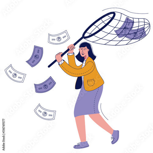 Woman catching money with net. Businesswoman running after cash money flying away. Achieving financial goal, attracting investments, saving money, business success, money concept