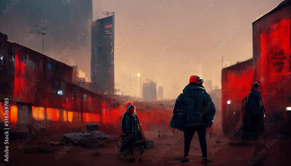 City street background with silhouettes of people in jackets. Epic dramatic street scene with people. 3D illustration.