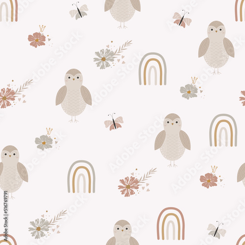 Cute baby seamless pattern with owls. Cartoon owl, rainbow and flowers. Print in pastel colors for a girl. Hand drawn nursery design of fabric, texture, packaging. Kids background. 