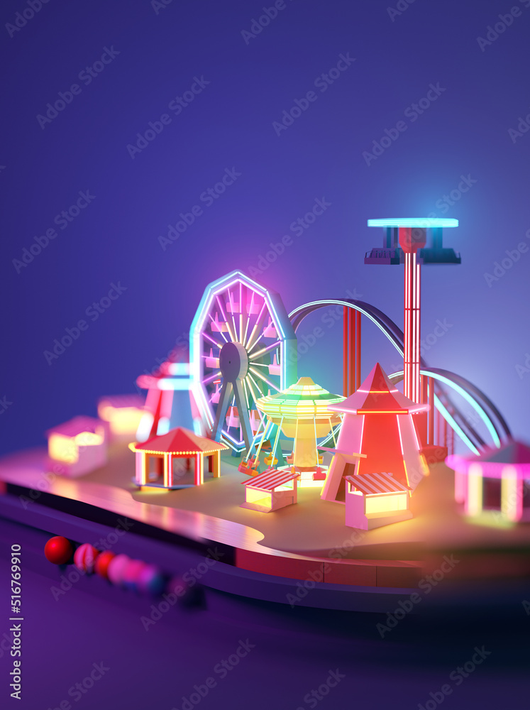 Fairground amusement park filled with rides and attractions lit up with neon lights. 3D illustration. - obrazy, fototapety, plakaty 