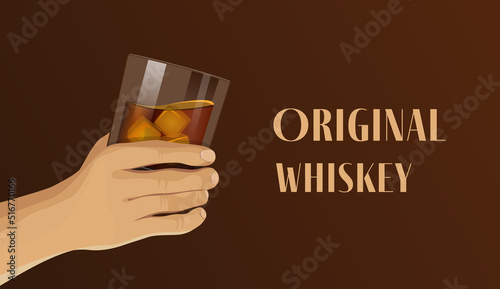 Men's hand holds a glass of brandy with ice cubes. Isolated vector illustration flat design. A glass of whiskey in hand