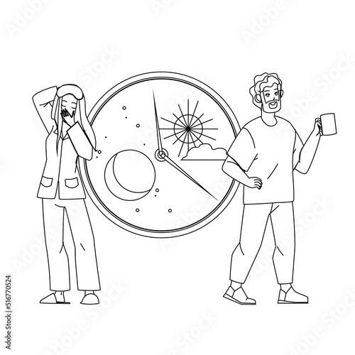 Circadian Rhythm Of Young Man And Woman Vector. Sleepy Girl Yawning And Guy Drinking Coffee, Day And Night People Activity And Circadian Rhythm. Characters black line illustration