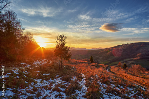 Sunset in the Carpathian mountains at the end of autumn