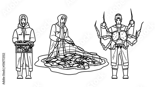 commercial fishing vector. boat sea fishermen with crab, ocean industry, vessel trawler, net fishery ship, marine catch commercial fishing . people black line pencil drawing vector illustration