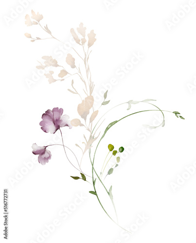 Set watercolor arrangements with garden flowers. bouquets with pink  yellow wildflowers  leaves  branches. Botanic illustration isolated on white background.