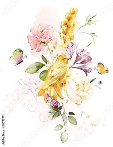 watercolor arrangements with garden flowers. bouquets with pink, yellow wildflowers, leaves, branches. Botanic illustration isolated on white background.