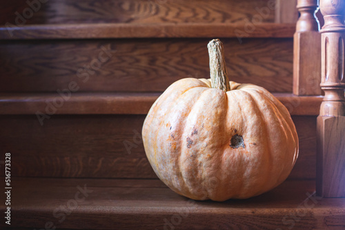 Halloween, Thanksgiving. Traditional holiday vegetable. A ripe large orange pumpkin lies on the steps of a wooden staircase.Autumn background, harvest. Copy space.