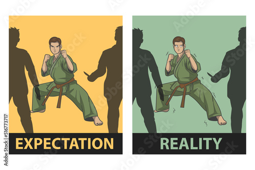 expectation versus reality. A design of a standing male fighter